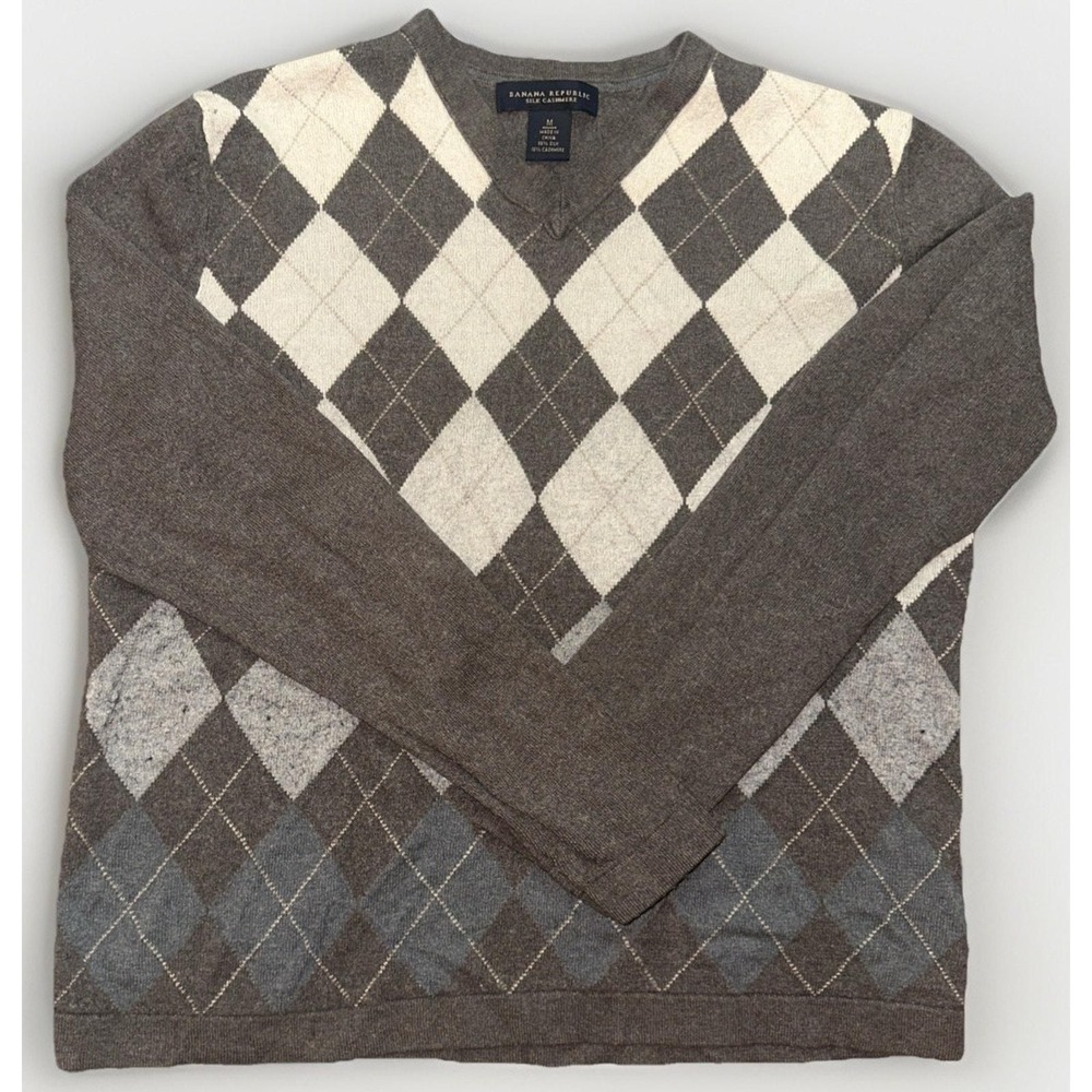 Banana Republic Mens M Gray Argyle Sweater Silk Cashmere V-Neck Diamond Knit Top